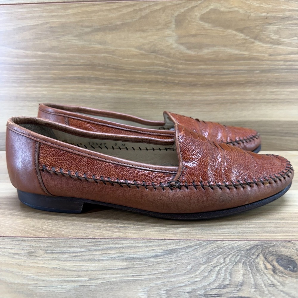 Ennesi Gold Italian Ostrich Leg Loafers Mens 9 M Whiskey Brown Slip On Business
